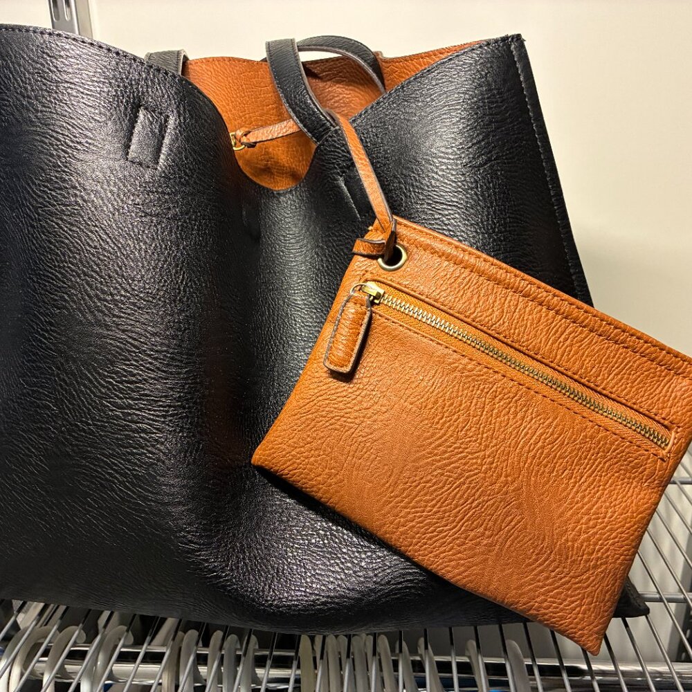 Street Level Reversible Faux Leather Tote & Interior Zip Pouch - Picture 3 of 16